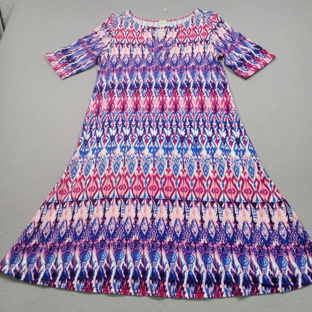 Chicos Pink Blue Ikat‎ Print Short Sleeve Shift Dress Size 1 Medium 570233656